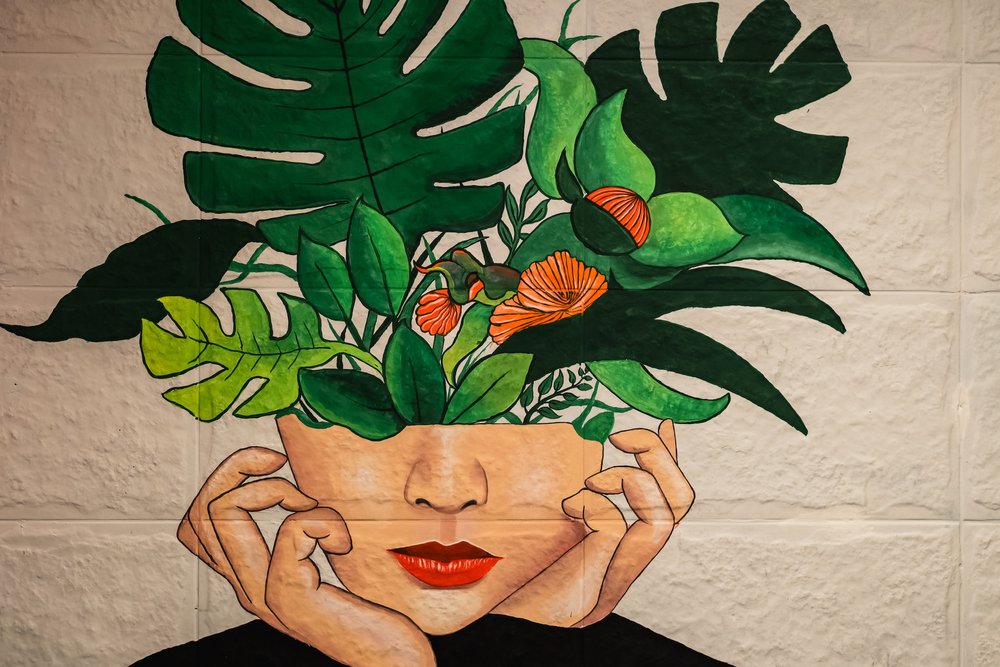 painting of a persons head with flowers and plants growing out of it illustrating the GROW model of coaching