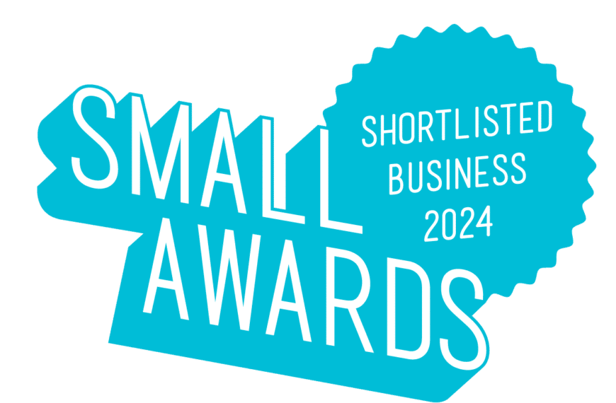 logo of the SMALL AWARDS white writing on a blue background that Virtalent has been nominated for